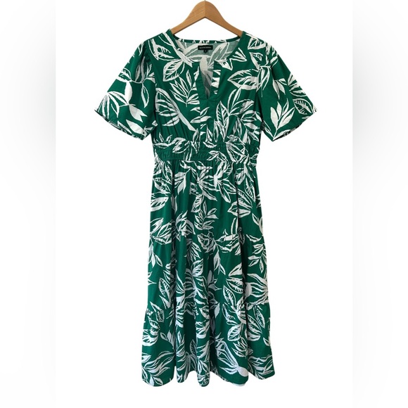 MEADOW RHODES women’s tiered midi dress L green white leaf print tropical cotton - Picture 1 of 8